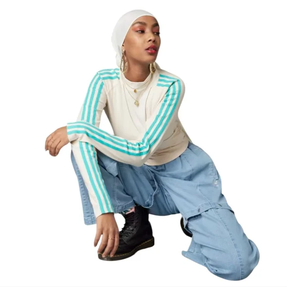 Adidas Always Original Denim Track Pants Jeans Wide Leg Light Blue Wash Small - Picture 3 of 17